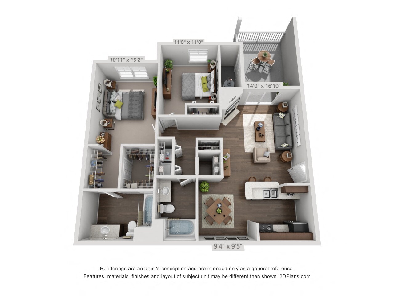 Floor plan for 2 beds, 2 baths, 1127 sqft